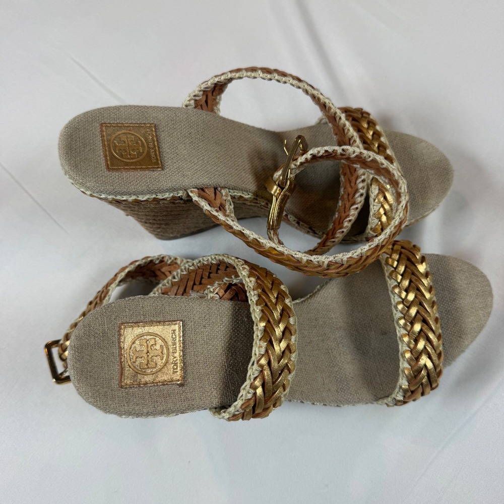 Tory Burch Lilah Braided Strap Platform Wedge Espadrille Gold Leather Sz 39.5 - Picture 6 of 7